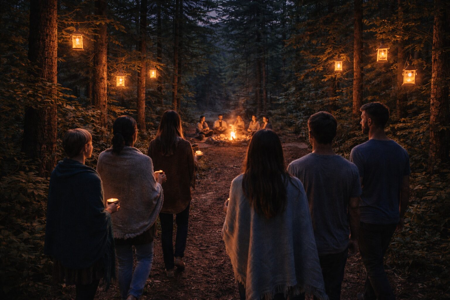 Group of people gathered around a campfire in a forest at night.