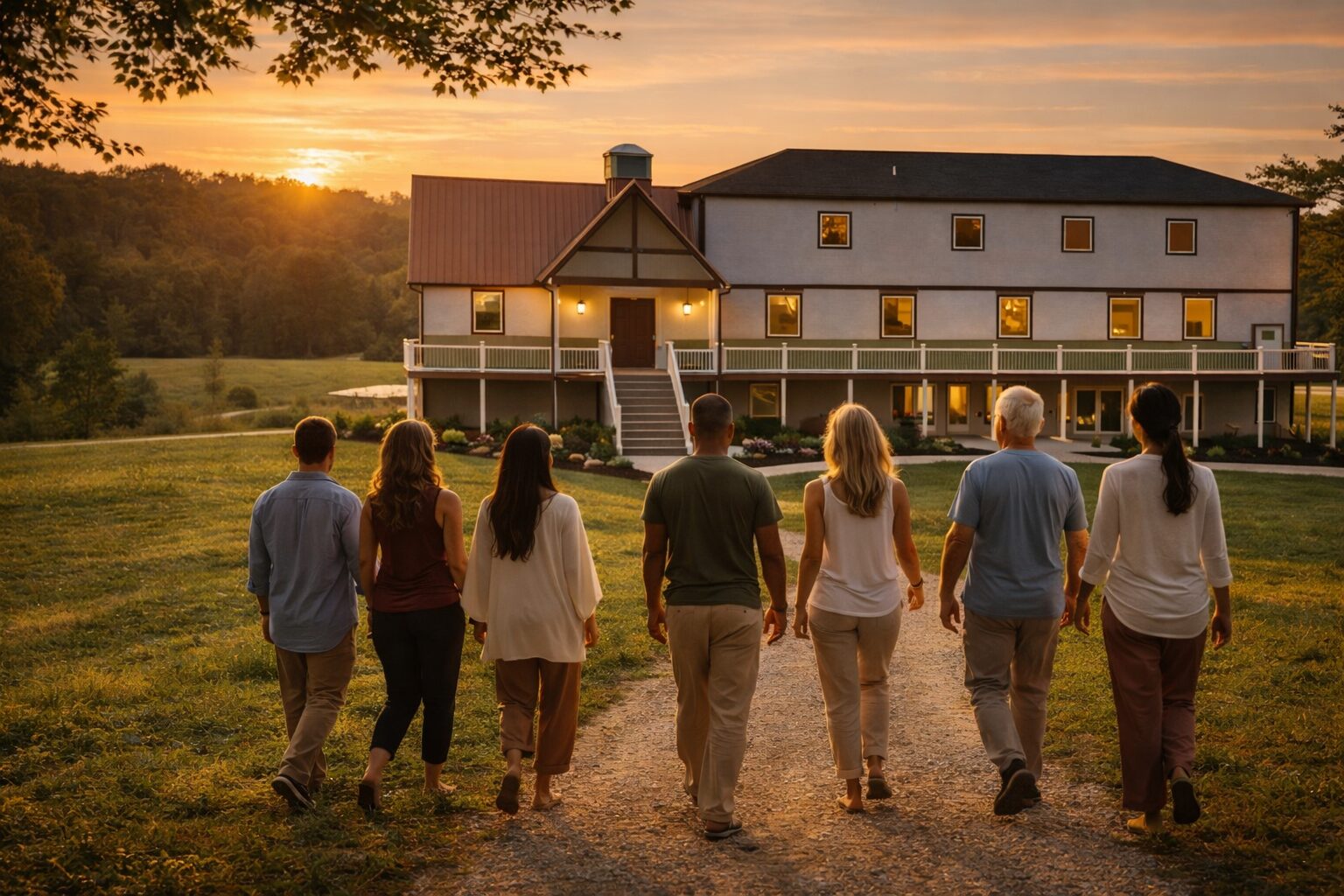 Group walking towards a sunset-lit house on a farm.