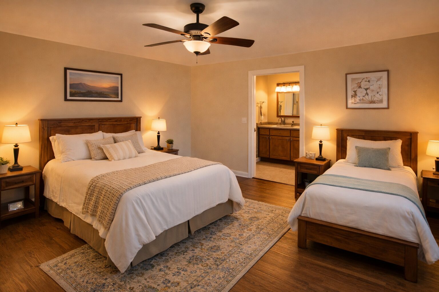 Cozy bedroom with warm lighting, ceiling fan, and open bathroom door.