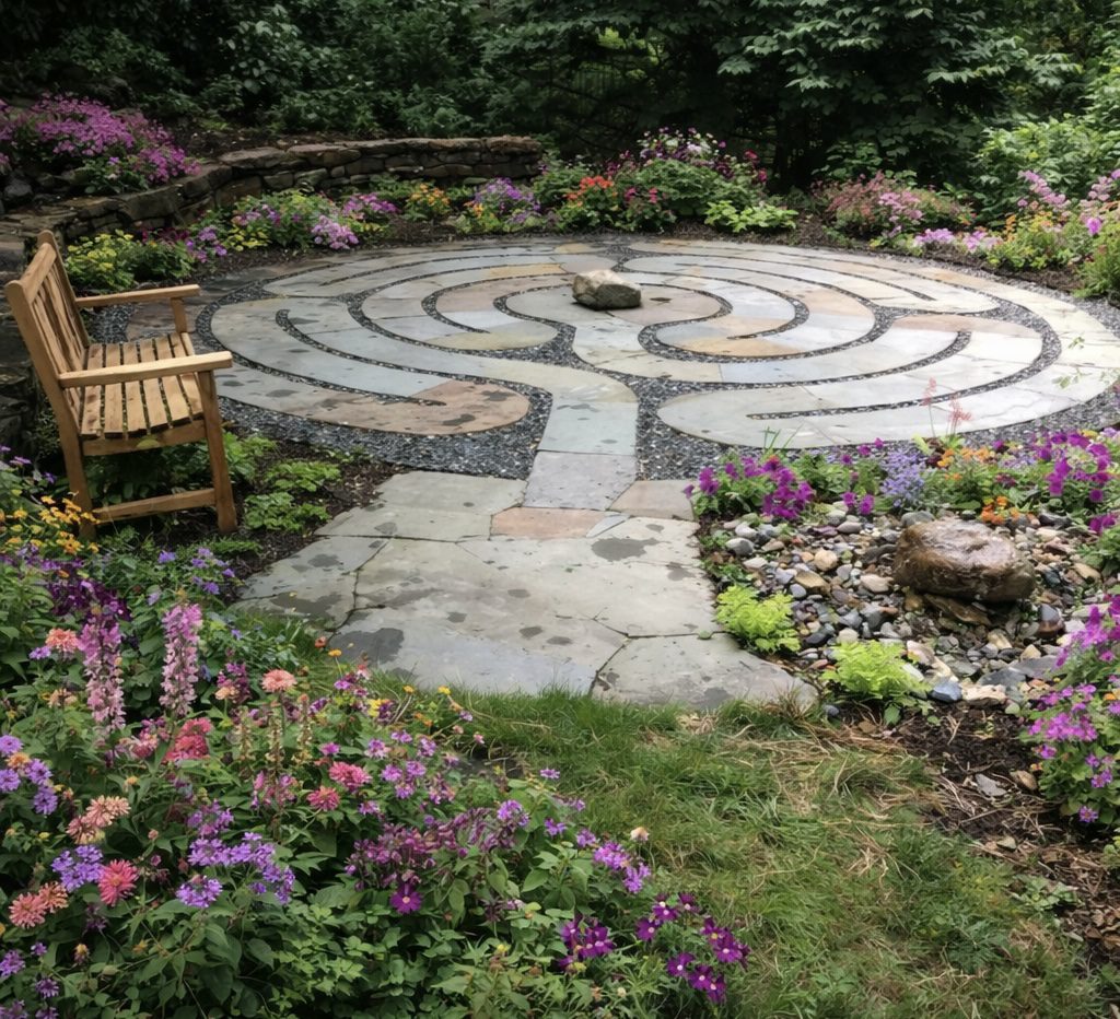 A serene garden labyrinth with a wooden bench surrounded by vibrant flowers.