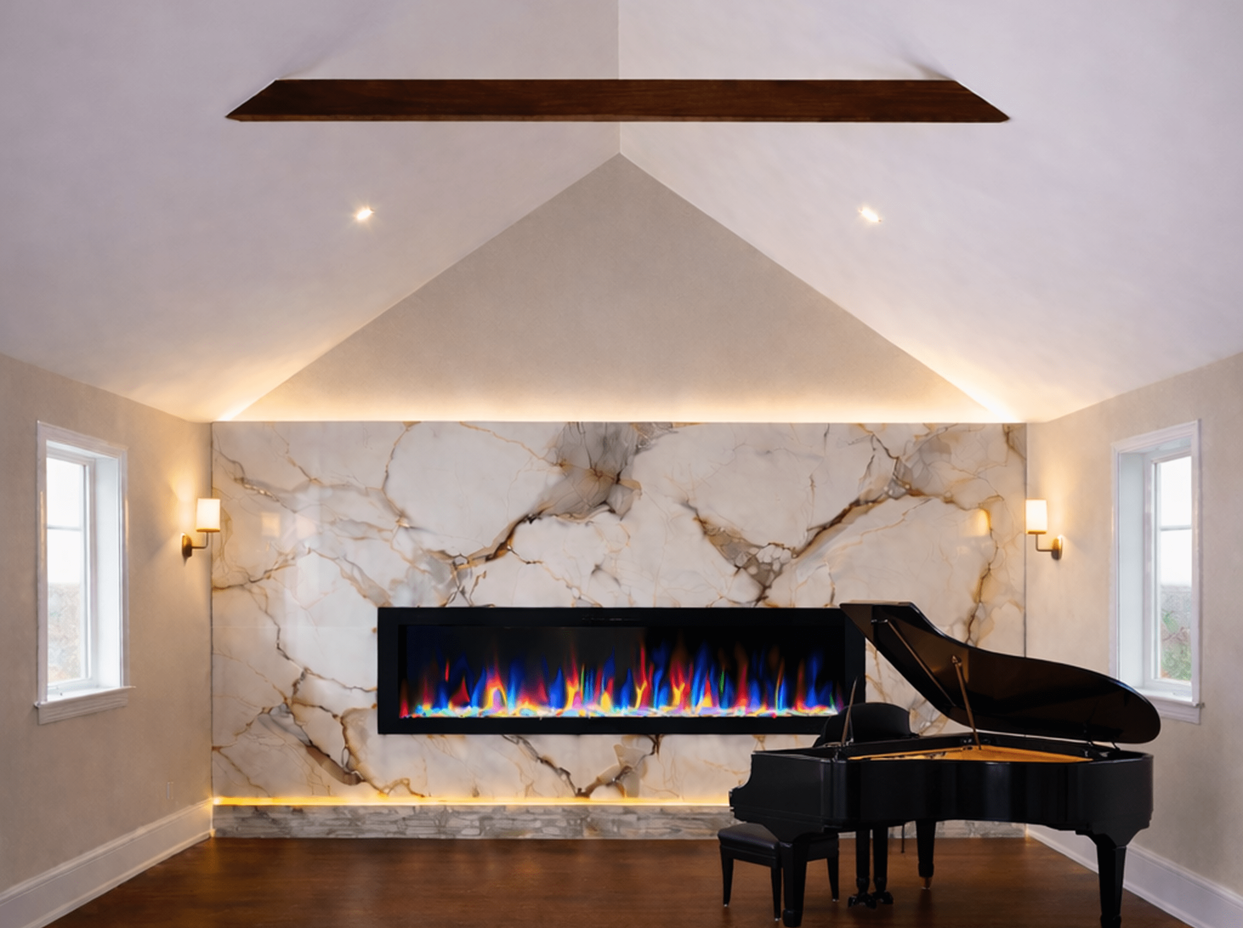 Modern living room with a sleek fireplace and grand piano.