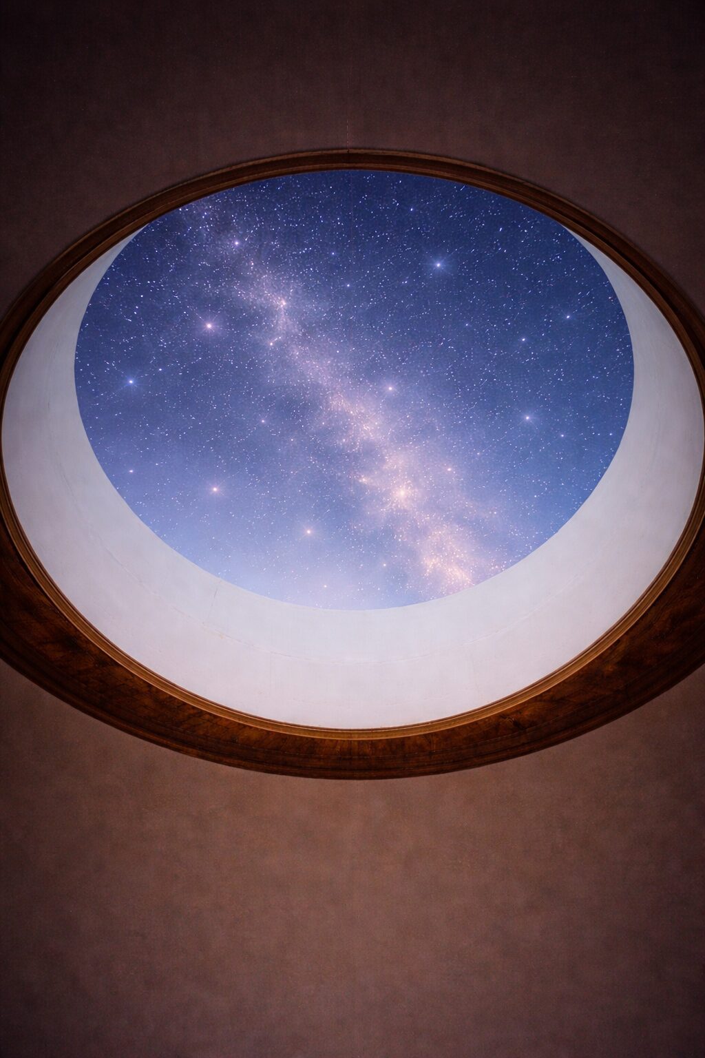 View of the starry Milky Way through a circular ceiling window.