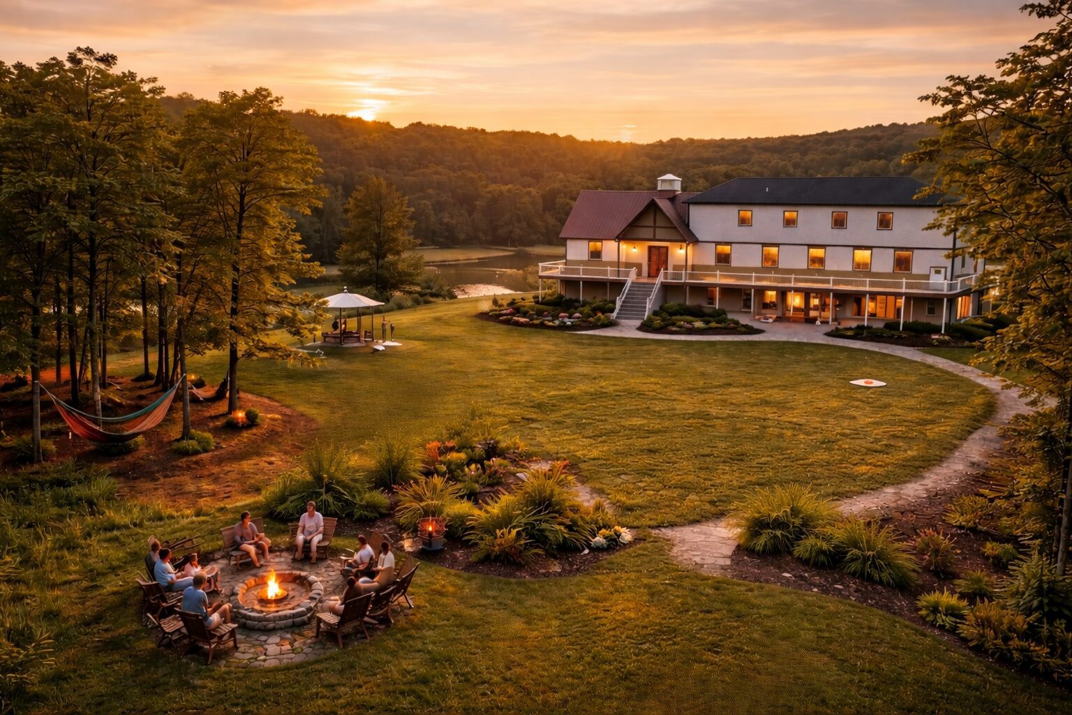 Cozy outdoor fire pit gathering at sunset on a rustic lodge lawn.