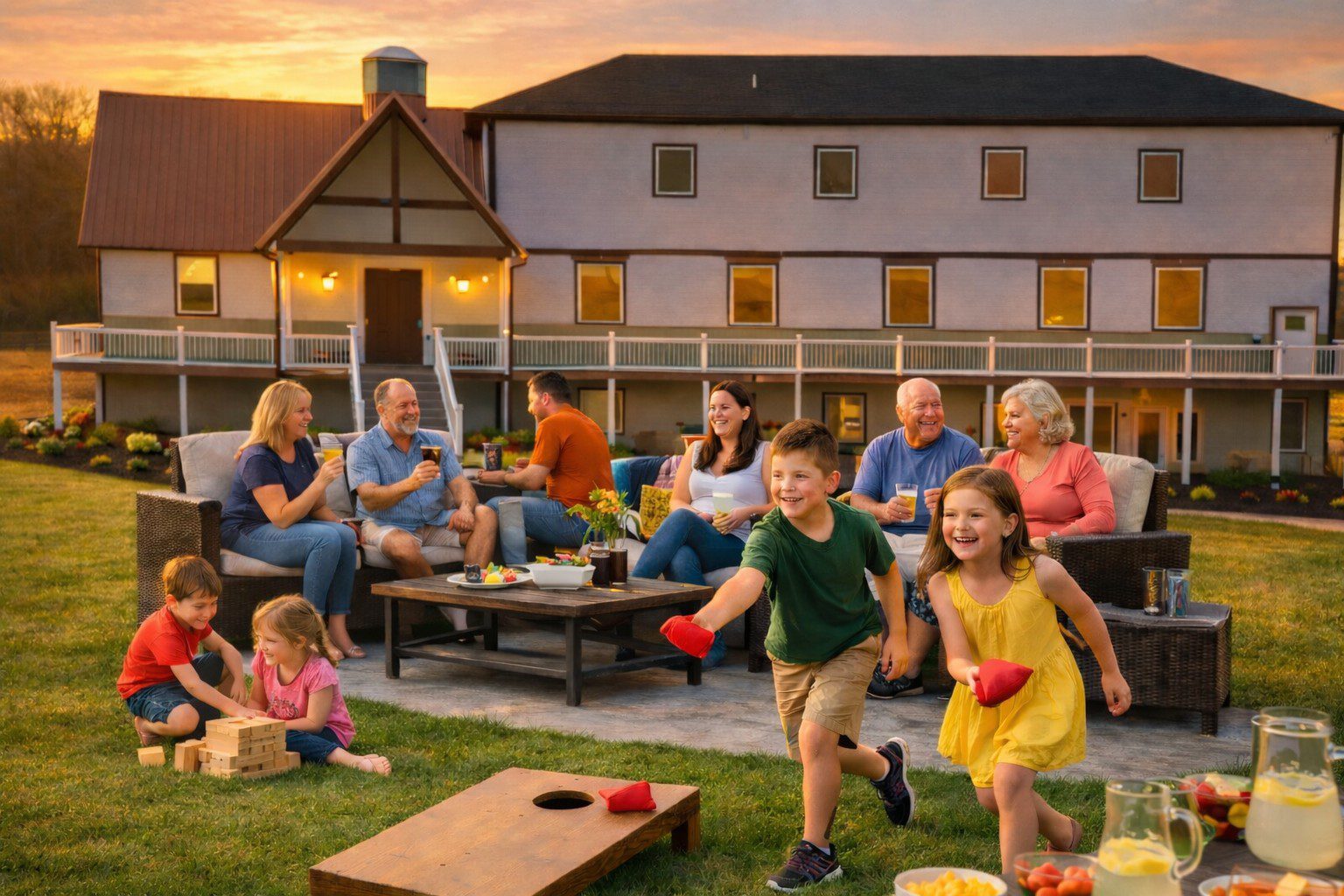 Family playing cornhole outside at sunset.