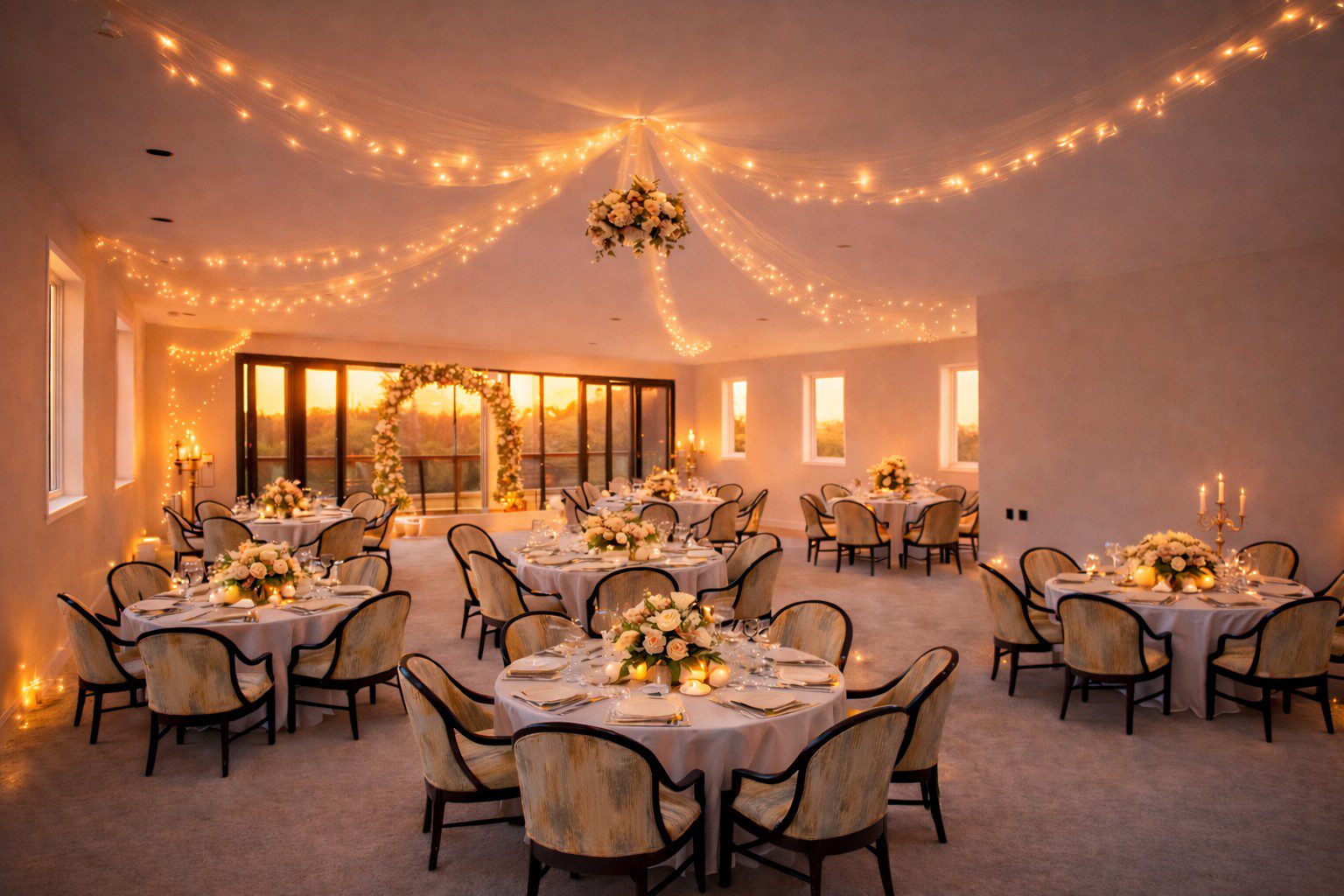 Elegant indoor wedding reception with warm lighting and floral centerpieces.